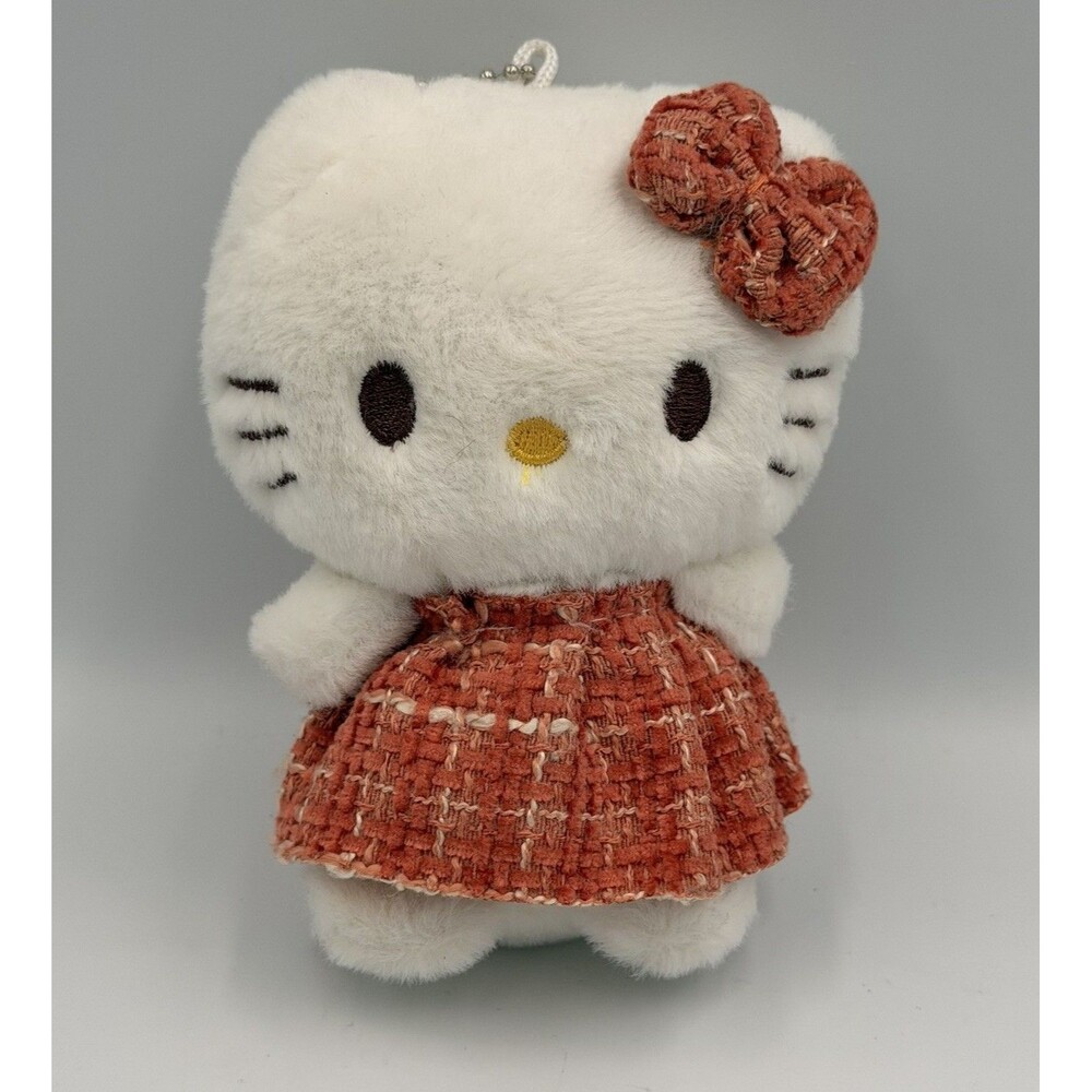 Sanrio Hello Kitty Plush Keychain Tweed Dress Pink Coral Bag Charm 5” Kawaii